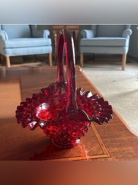 Fenton hobnail Amberina/orange ruffle basket